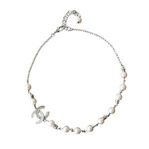 Chanel 24S Pearl Crystal Strass CC Logo With Pearl Chain Necklace Silver